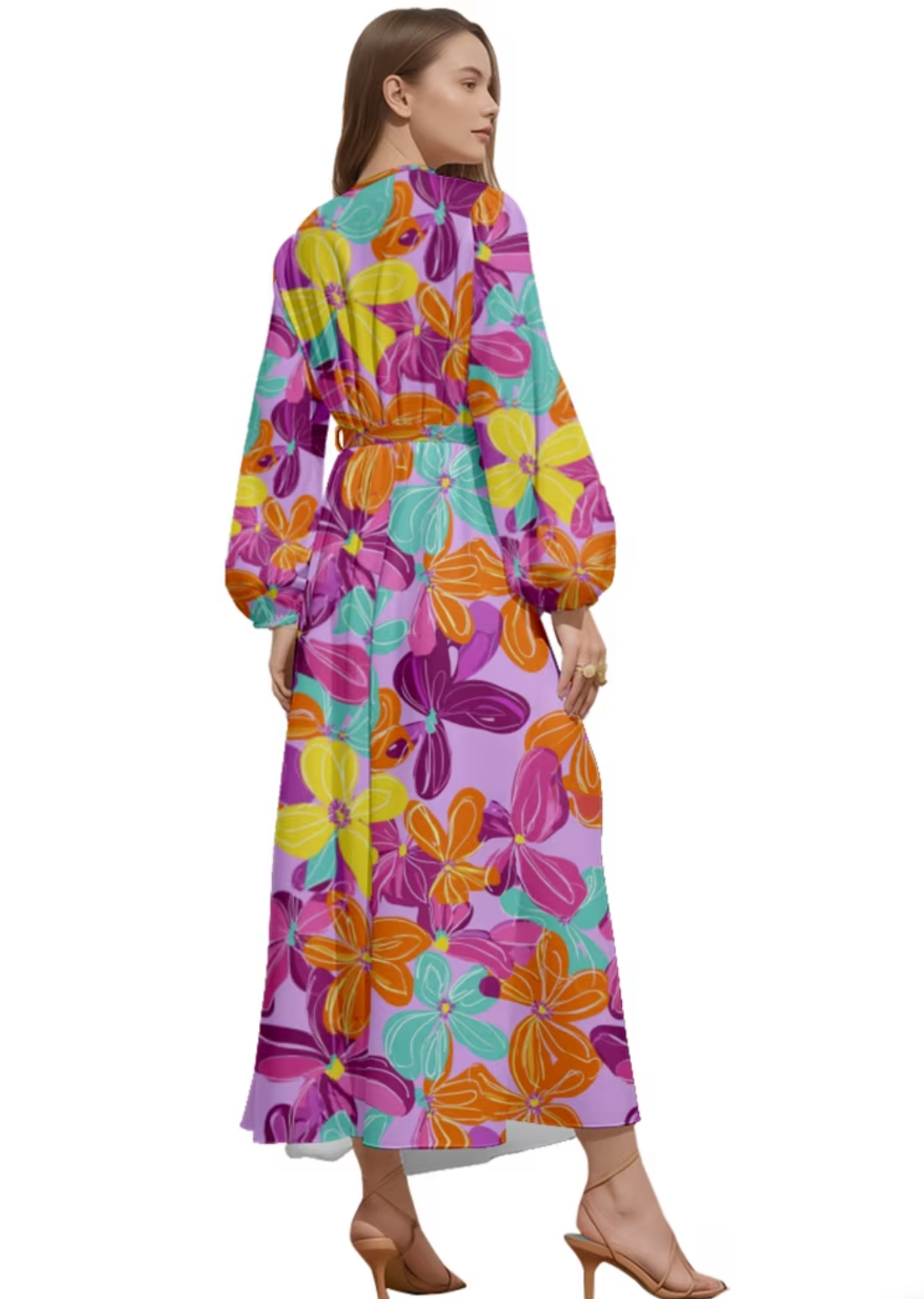 Vestido Midi Elegante con Estampado Floral de Paisaje y Mangas de Farolillo