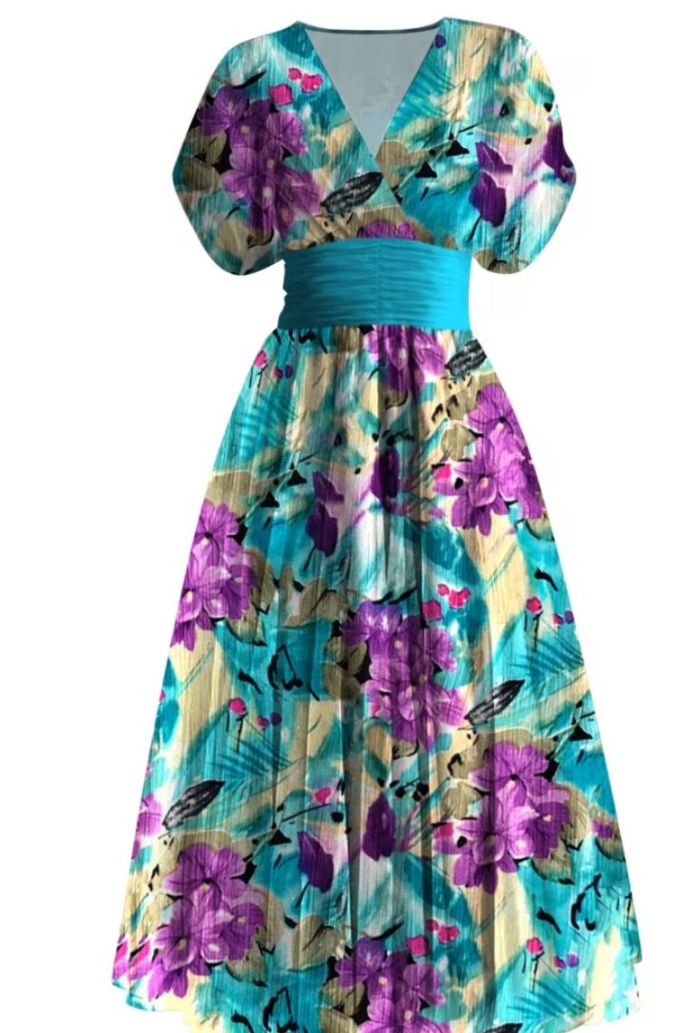 Vestido Midi con Estampado Floral Multicolor y Cuello en V Francés