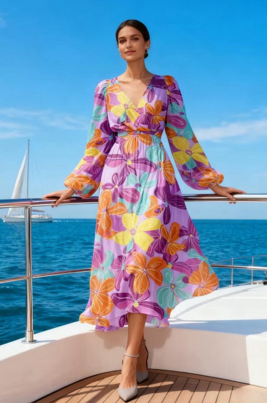 Vestido Midi Elegante con Estampado Floral de Paisaje y Mangas de Farolillo