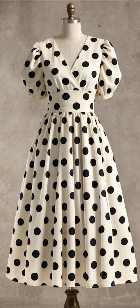 Vestido Midi de Talla Grande con Estampado de Lunares y Cuello en V Francés