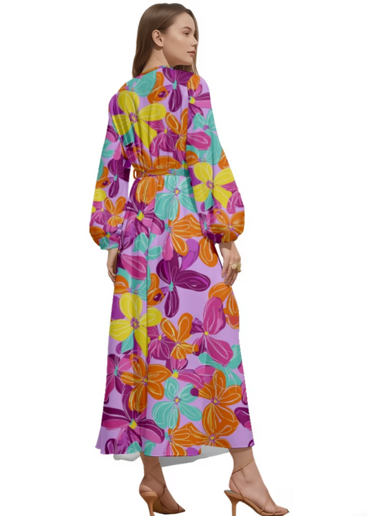 Vestido Midi Elegante con Estampado Floral de Paisaje y Mangas de Farolillo