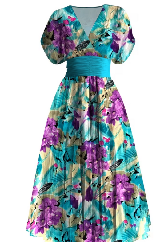 Vestido Midi con Estampado Floral Multicolor y Cuello en V Francés