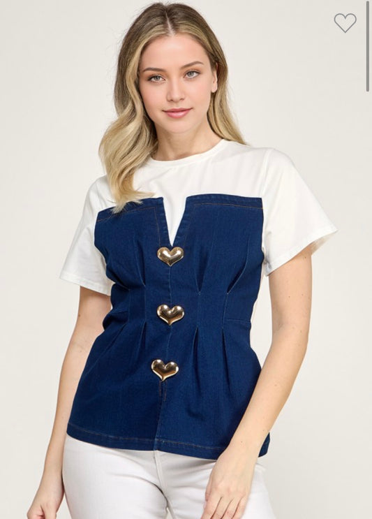 Camisa de manga corta con botones metálicos de corazón - Denim