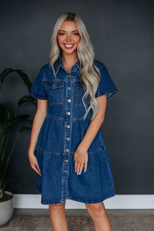 Vestido Denim Midi de Manga Corta con Cuello de Solapa y Botones