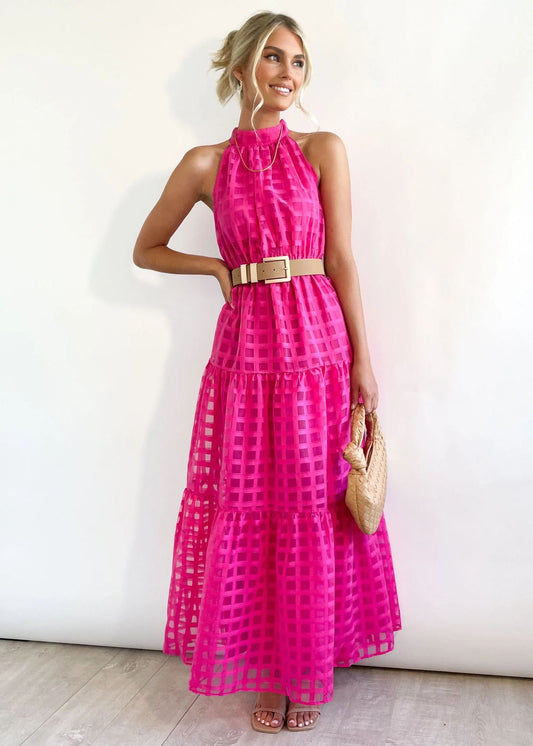 Vestido Maxi Bohemio con Cuello Halter y Textura de Cuadros