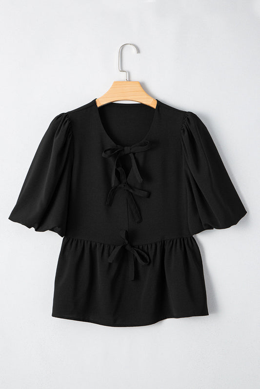 Blusa Casual con Lazos Frontales y Mangas Abullonadas - Negro