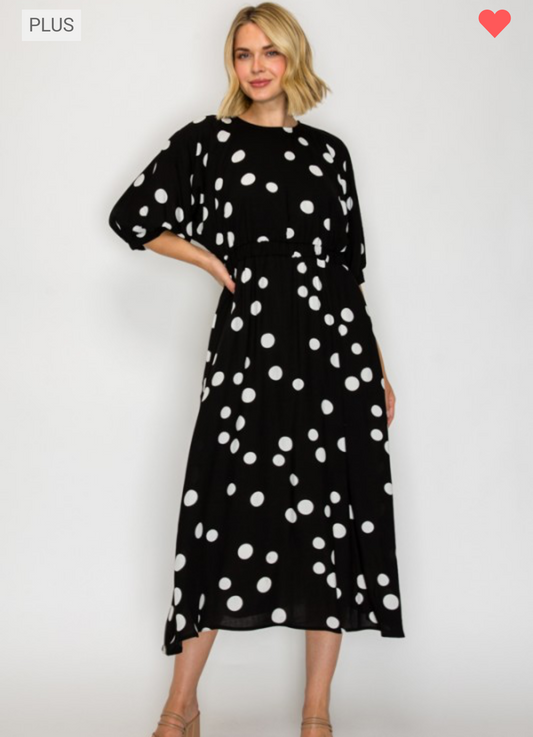 Midi de Lunares con Mangas Puff - Negro/Marfil (Plus Size)