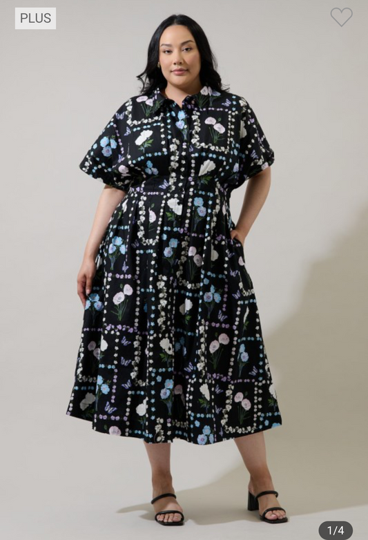 Vestido Midi Floral Trevis Wilderra con Plisados – Blk Pastel (Plus Size)