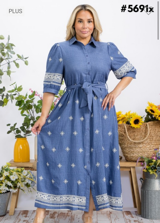 Vestido Maxi con Bordado y Lazo en la Cintura - Plus Size