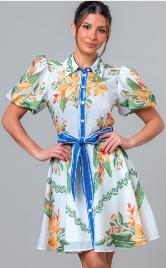 Vestido Floral con Lazo en la Cintura y Mangas Puff - White Multi