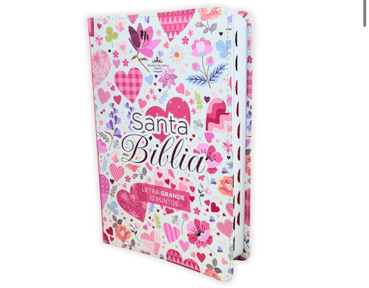 Biblia Reina-Valera 1960 Letra Grande (12 puntos) - Diseño de Flores y Corazones con Índice