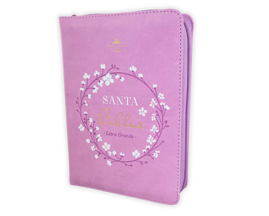 Biblia Reina Valera 1960 Portátil con Cierre - Edición Especial Letra Grande (12 pts), Imitación Piel Rosa Oscuro y Flores Blancas.